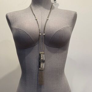 Silver-Tone Long Statement Necklace with Pearl Detail & Chain Tassel